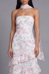 Floral Pink Strapless Wedding Guest Dress with Ruffles