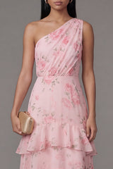 One Shoulder Floral Pink Ruched A Line Wedding Guest Dress