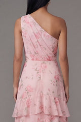 One Shoulder Floral Pink Ruched A Line Wedding Guest Dress
