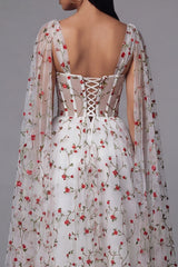 Ivory Floral Corset A Line Wedding Guest Dress with Streamer