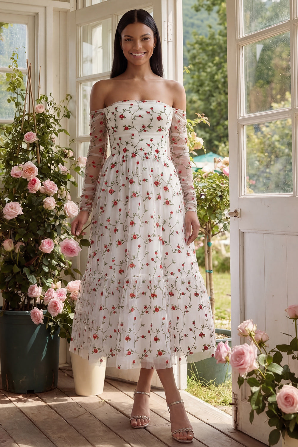 Off the Shoulder Ivory Floral Ruffled A Line Wedding Guest Dress