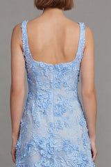 Blue Floral A Line Midi Wedding Guest Dress
