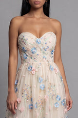 Strapless A Line Floral Champagne Ruffled Wedding Guest Dress