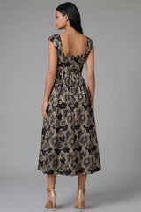 Black Printed A Line Midi Wedding Guest Dress