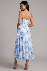Floral Blue Corset A Line Ruched Wedding Guest Dress