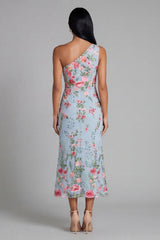 One Shoulder Blue Floral Mermaid Midi Wedding Guest Dress