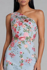 One Shoulder Blue Floral Mermaid Midi Wedding Guest Dress