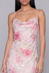 Pink Floral Mermaid Midi Wedding Guest Dress