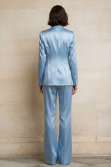 Peaked Lapel 2 Piece Satin Blue Women Suits