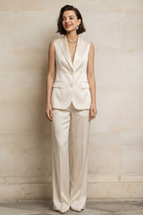 Ivory Peaked Lapel Satin 2 Piece Sleeveless Women Suits