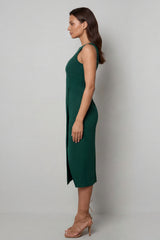 Dark Green Bateau Neck Midi Work Dress with Slit