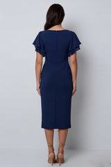 Ruffled Navy V Neck Midi Work Dress with Short Sleeves