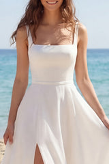 Ivory A Line Satin Wedding Dress with Slit