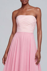 Strapless A Line Pink Ruched Maxi Formal Dress