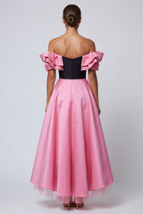 Off the Shoulder Ruffled A Line Satin Black and Pink Formal Dress
