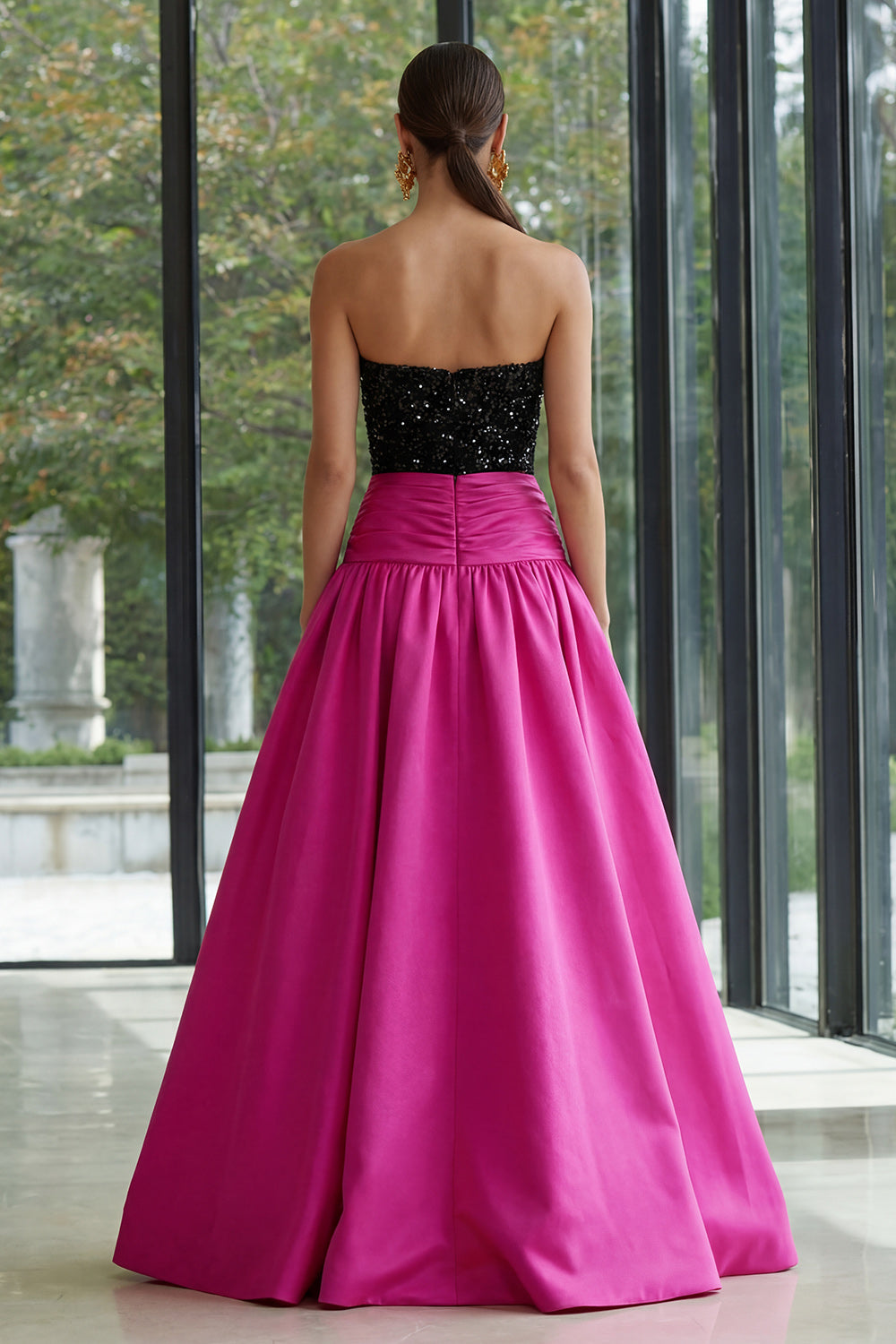 Strapless Sequin A Line Fuchsia and Black Formal Dress