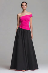 A Line One Shoulder Ruched Fuchsia and Black Formal Dress