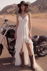 High Low Ivory Ruffled A Line Ruched Boho Wedding Dress