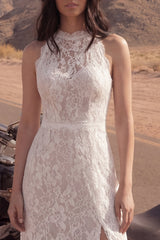 Ivory Halter A Line Maxi Boho Wedding Dress with Lace