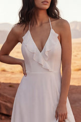 Halter Ivory A Line Ruffled Maxi Boho Wedding Dress