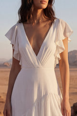 Tiered Ruffled V Neck Ivory Maxi Boho Wedding Dress