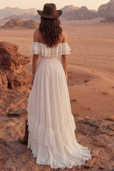 Off the Shoulder Ruffled Ivory A Line Boho Wedding Dress