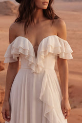 Off the Shoulder Ruffled Ivory A Line Boho Wedding Dress