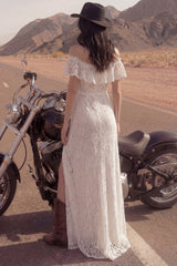 Off the Shoulder Lace Ruffled Ivory Boho Wedding Dress