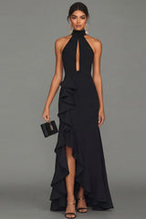 Halter Cut Out Black Mermaid Maxi Formal Dress with Ruffles