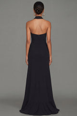 Halter Cut Out Black Mermaid Maxi Formal Dress with Ruffles