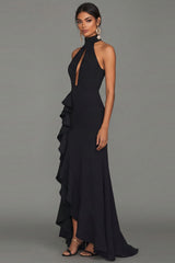 Halter Cut Out Black Mermaid Maxi Formal Dress with Ruffles