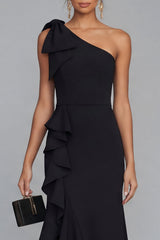 One Shoulder Black Mermaid Bowed Formal Dress with Ruffles