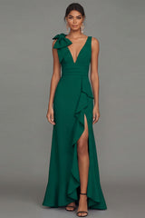 Dark Green Mermaid Bowed V Neck Formal Dress with Ruffles