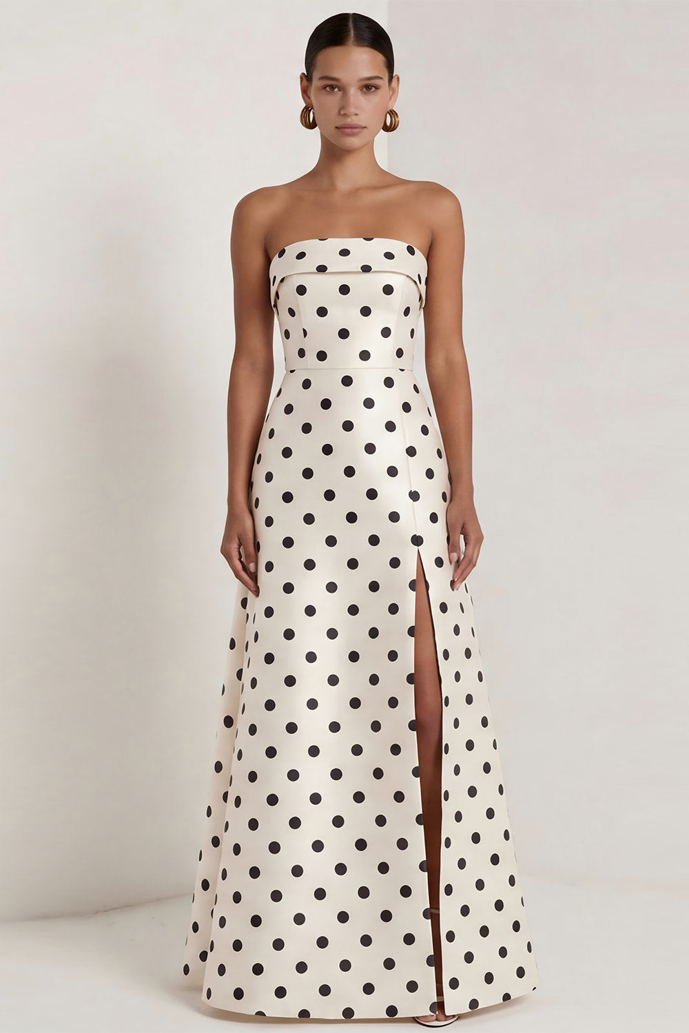 Strapless Black White A Line Polka Dot Maxi Formal Dress