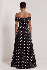 Off the Shoulder Black White Polka Dot A Line Maxi Formal Dress
