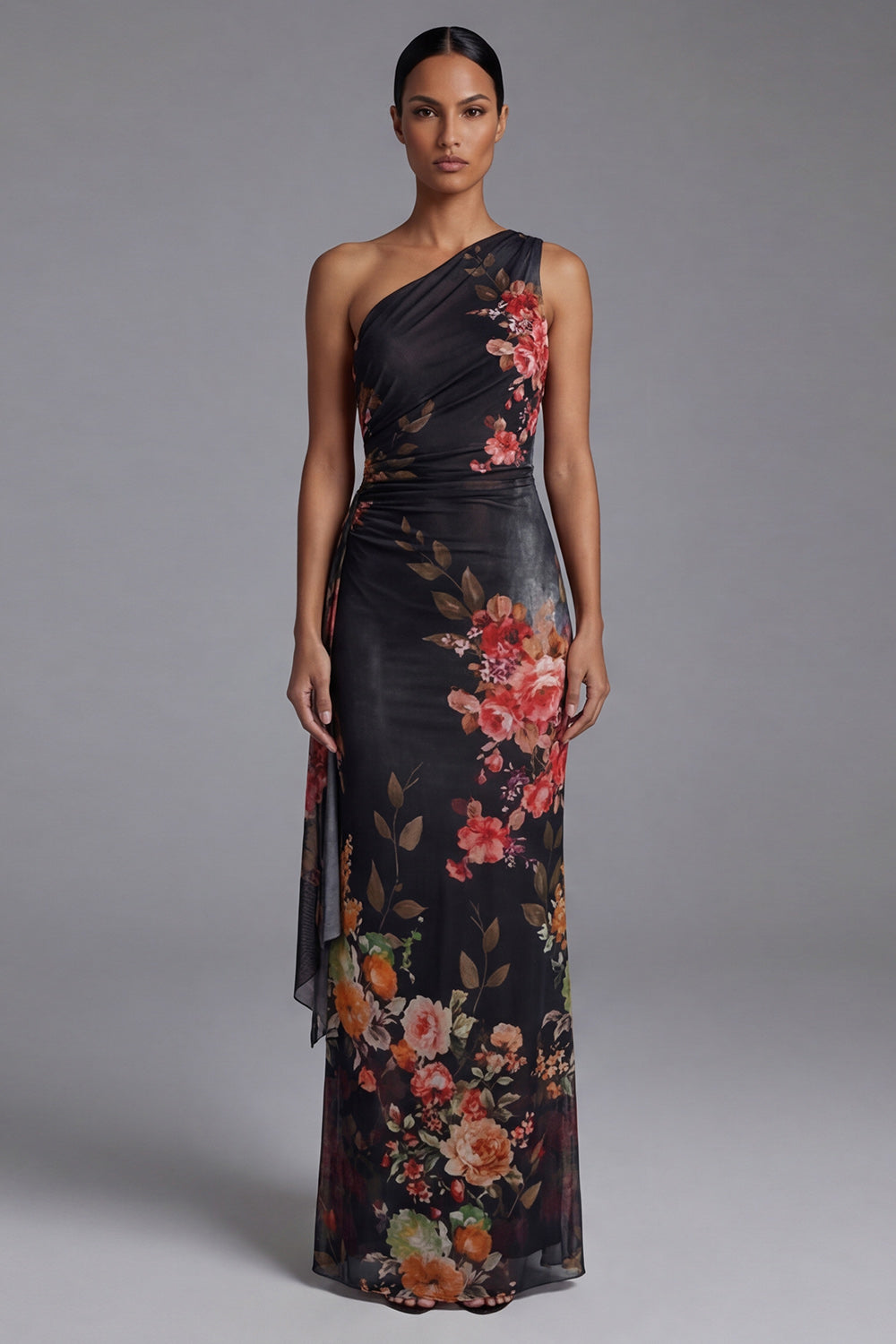 One Shoulder Cut Out Printed Ivory Maxi Formal Dress
