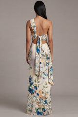 One Shoulder Cut Out Printed Ivory Maxi Formal Dress