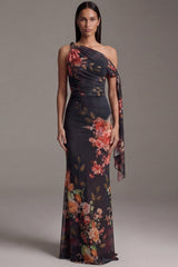 Floral Asymmetrical Neck Black Mermaid Ruched Formal Dress
