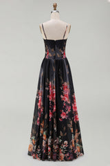 Black A Line Printed Ruched Maxi Formal Dress
