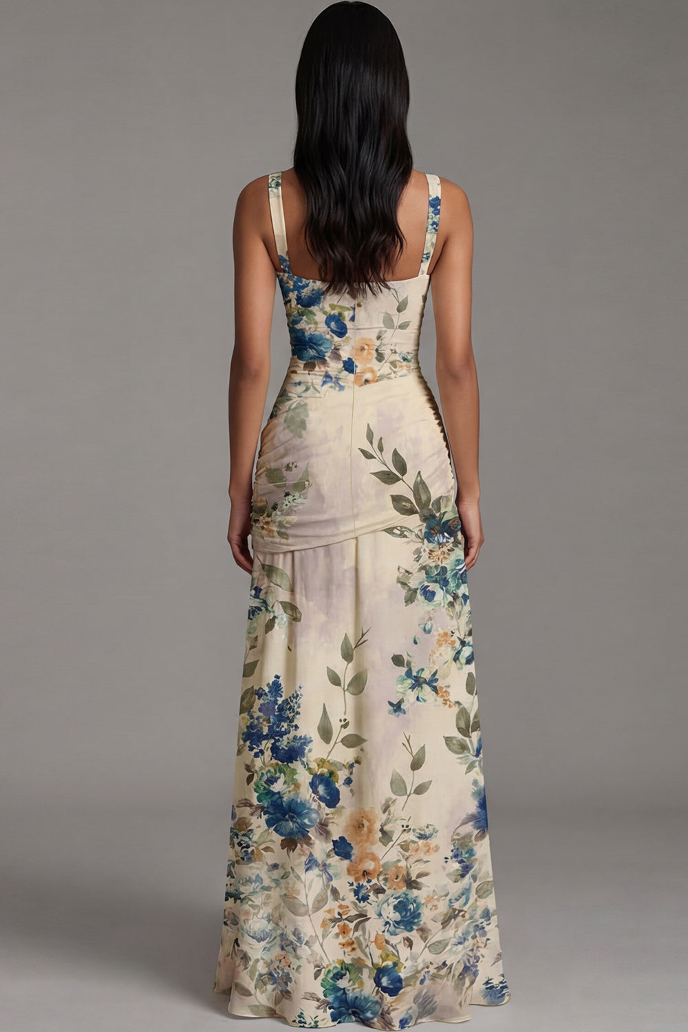 Ivory Ruched A Line Printed Maxi Formal Dress