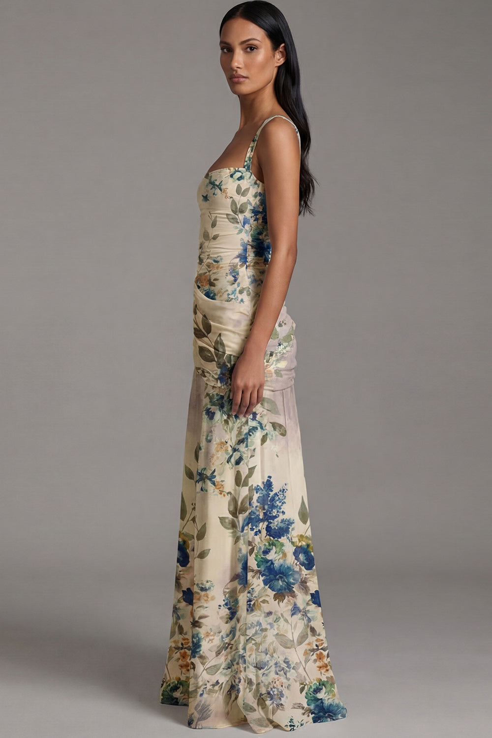 Ivory Ruched A Line Printed Maxi Formal Dress