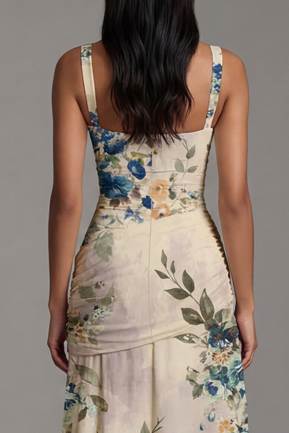 Ivory Ruched A Line Printed Maxi Formal Dress