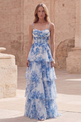 Tiered Blue Floral Corset Maxi Prom Dress