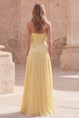 Strapless Yellow A Line Appliqued Maxi Prom Dress