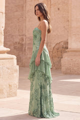 Sage Green Ruffled A Line Appliqued Maxi Prom Dress