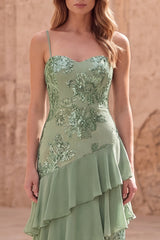 Sage Green Ruffled A Line Appliqued Maxi Prom Dress