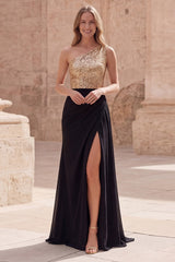 Gold and Black One Shoulder Sequin Maxi Prom Dress