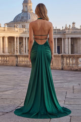 Dark Green Halter Mermaid Satin Prom Dress with Slit