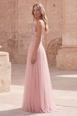 Pink A Line Appliqued Tulle Maxi Prom Dress