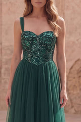 Dark Green Tulle A Line Appliqued Maxi Prom Dress